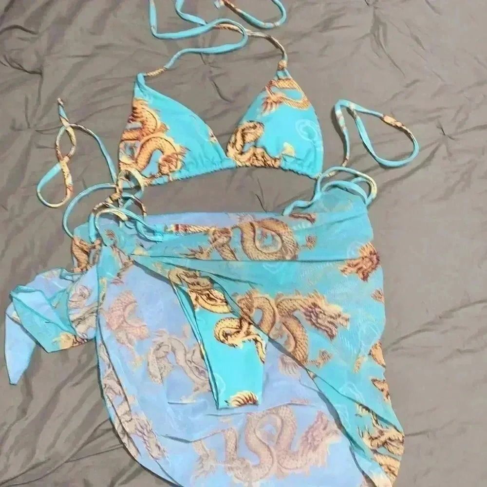 Romwe size large junior dragon swimsuit with sarong